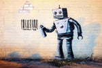 a graffiti of a robot holding a can of beer