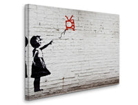 a painting of a girl flying a kite on a brick wall