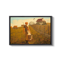 a painting of a woman holding a gun in a field
