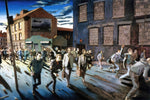 a painting of a crowd of people walking down a street
