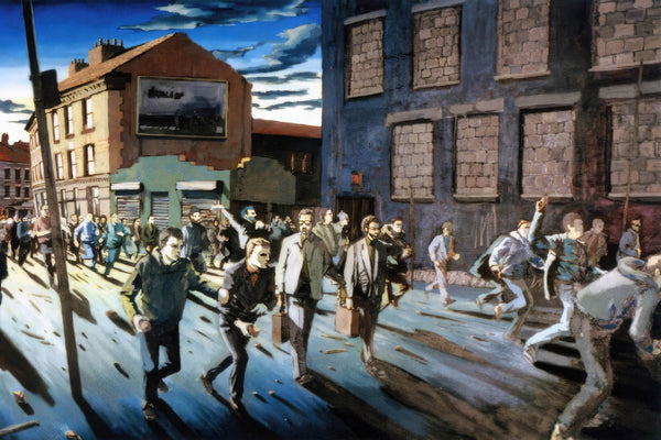 a painting of a crowd of people walking down a street