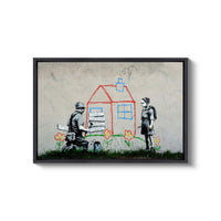 a painting of two people standing in front of a house