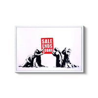 a black and white picture of people holding a sale sign