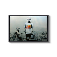 a picture of a man and a child with a bucket