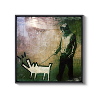 a painting of a man holding a dog on a chain
