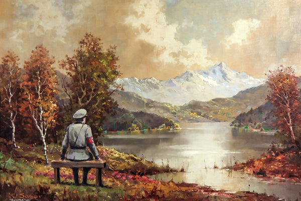 a painting of a person sitting on a bench