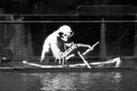a black and white photo of a monkey in a boat