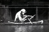 a black and white photo of a monkey in a boat