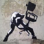 a black and white painting of a man sitting on a chair