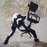 a black and white painting of a man sitting on a chair