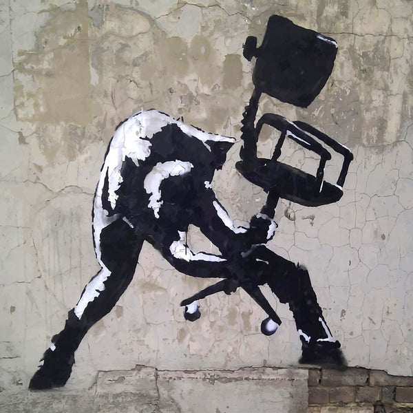 a black and white painting of a man sitting on a chair