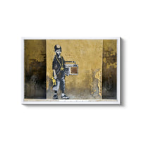 a painting of a man holding a radio on a wall