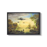 a painting of an alien ship flying over a lake