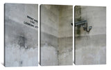 three panels of a wall with graffiti on them