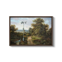 a painting of a street light in a wooded area