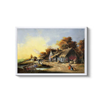 a painting of a village with a river