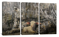 a painting of a sheep sitting in front of a wall