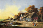 a painting of a village with a river running through it