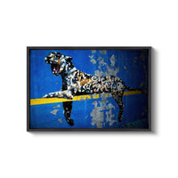 a painting of a leopard on a blue background