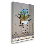 a picture of a beach through a hole in a fence