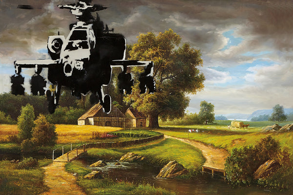 a painting of a helicopter flying over a farm