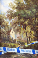 a painting of a police line taped off in front of a house