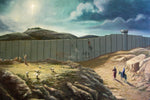a painting of a man and a woman walking away from a fence