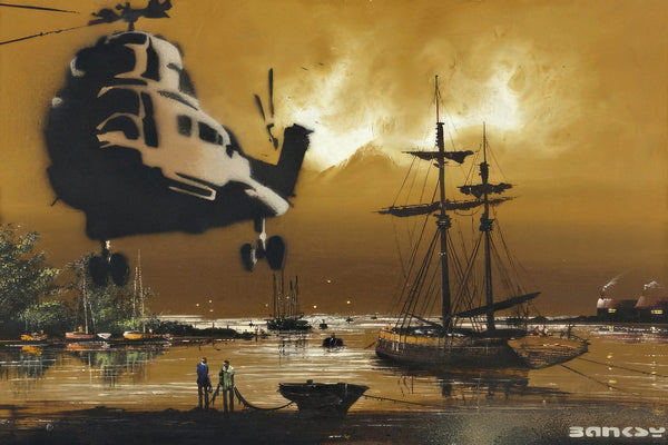 a painting of a helicopter flying over a boat