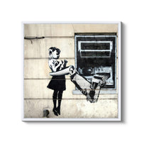 a painting of a woman holding a bicycle