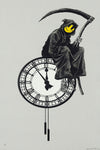 a drawing of a person sitting on top of a clock