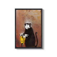 a painting of a black and white cat holding a yellow fire hydrant