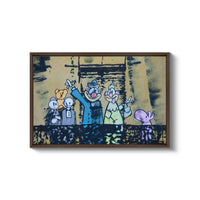 a painting of a group of people standing in front of a building