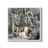 a painting of a sheep sitting in front of a wall