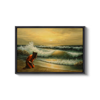 a painting of a person sitting on a beach