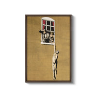 a painting of a man reaching up to a window