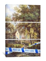 a painting of a police line taped off in front of a house