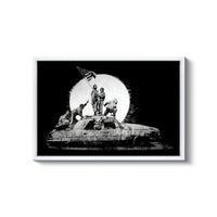 a black and white photo of a car with dogs on it