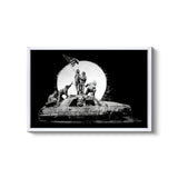 a black and white photo of a car with dogs on it