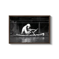 a black and white photo of a man in a boat