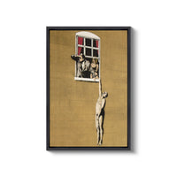 a painting of a man reaching up to a window