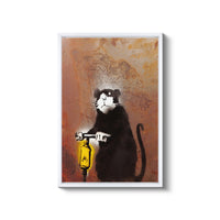 a painting of a black and white cat holding a yellow fire hydrant