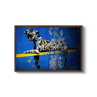 a painting of a leopard on a blue background
