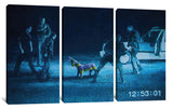 a group of three pictures of people and a dog
