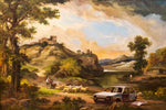 a painting of a car parked in front of a castle