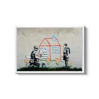 a painting of two people standing in front of a house