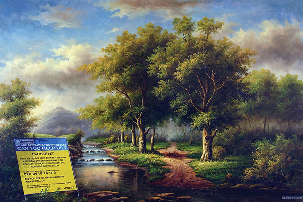 a painting of a wooded area with a river running through it