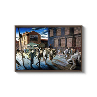 a painting of a crowd of people walking down a street