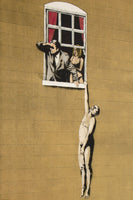 a painting of a man hanging from a window