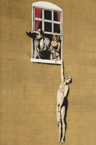 a painting of a man hanging from a window