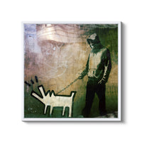 a painting of a man holding a dog on a chain